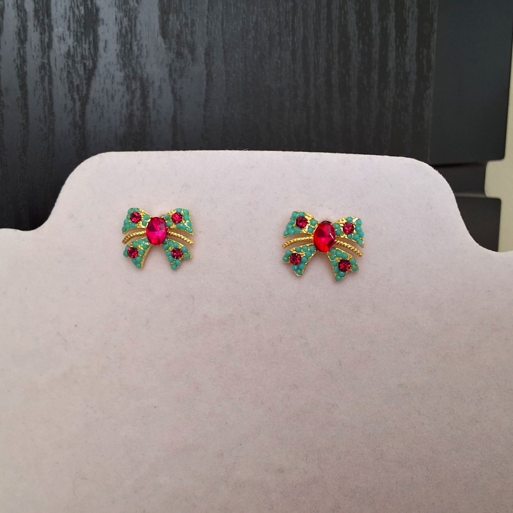 💥SALE💥Turquoise & Pink Jeweled Bow Earrings NEW